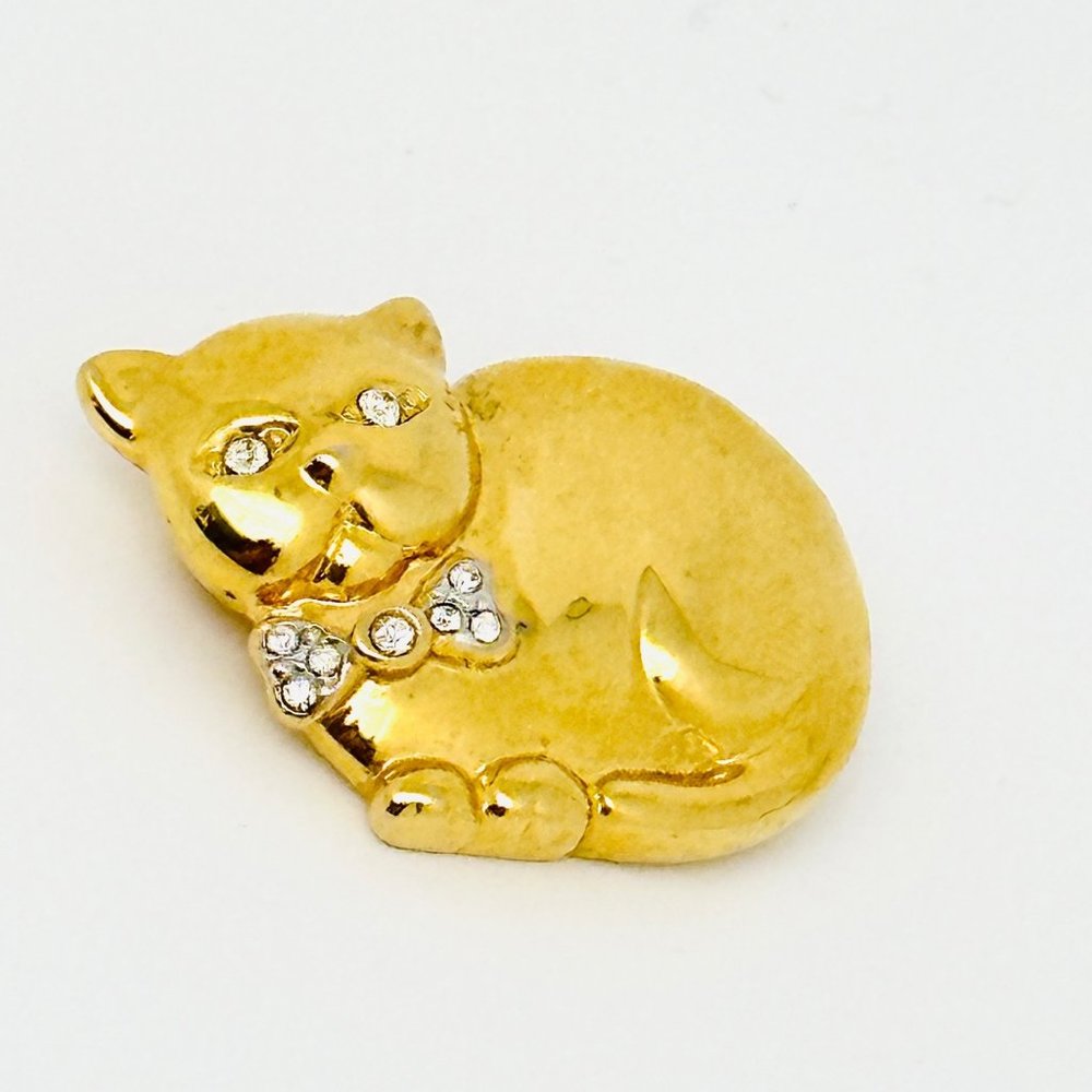 Vintage Gold Tone Small Cat Brooch/Pin with Rhinestones